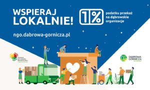 Plakat z hasłem "Wspieraj lokalnie" i znakiem 1%, zachęcający do przekazywania podatku.