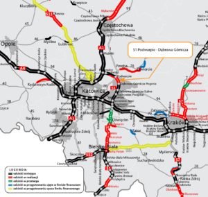 Mapka prezentująca przebieg istniejących i budowanych tras w regionie.