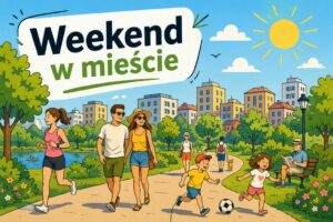 Ilustracja w stylu komiksowym przedstawiająca letni dzień w miejskim parku ze spacerującymi i biegającymi dorosłymi oraz bawiącymi się dziećmi; w tle budynki i napis „Weekend w mieście”.