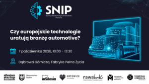 Plakat promujący wydarzenie. Informacja o dacie i miejscu, u góry logotyp SNIP. Z prawej strony kontury przodu ciężarówki, stylizowanej na model siatkowy 3D.