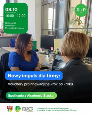 Grafika promująca spotkanie „Nowy impuls dla firmy: Vouchery proinnowacyjne krok po kroku”. Na zdjęciu dwie kobiety rozmawiają w biurze przy biurku i laptopie. Na grafice informacje zawarte w artykule. 